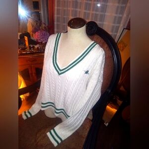 1990s White and Green Pickle Ball Varsity Pull Over Knit Sweater Extra Large